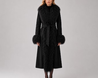 Penny Lane Coat Women Real Suede Leather Lamb Coat 1970s Afghan Coat Long Winter Coat Boho Y2K Outwear Black Coat