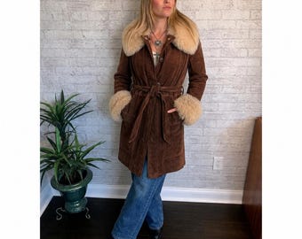 Luxury Suede Leather Coat Women Real Shearling Collar and Cuff Jacket Brown Belted Winter Coat Vintage Warm Shearling Trim Jacket