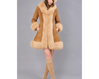 1970s Penny Lane Coat Suede Leather Shearling Coat, Fur Trim Afghan Coat Bohemian Y2K Winter Coat Vintage Fur Coat