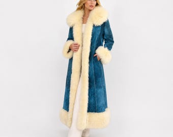 1970s Penny Lane Coat | Blue  Shearling Coat Cream Fur Trim | Afghan Coat | Long Bohemian Fur Coat