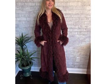 Vintage Penny Lane Coat Women Mongolian Fur Trim Burgundy Long Suede Leather Coat Winter Coat