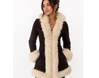 1970s Vintage Penny Lane Mid Length  Coat Brown Suede With Shearling Trim Afghan Bohemian Coat