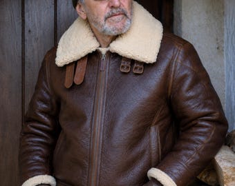 B3 Bomber Sheepskin Aviator Brown Leather Flight Jacket RAF Shearling Coat Winter Pilot Jacket