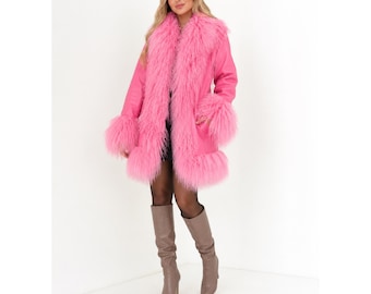 1970s Vintage Penny Lane Coat Sheepskin Leather Lamb Mongolian Fur Coat Winter Bohemian Toscana Pink Leather Fur Coat