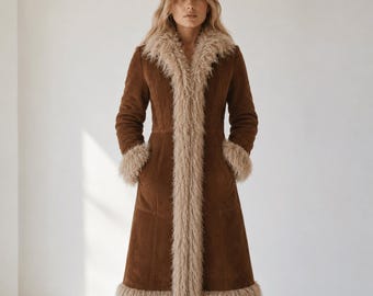 1970s Penny Lane Brown Long Fur Coat | Suede Leather Shearling Winter Outwear Coat | Vintage Fur Coat
