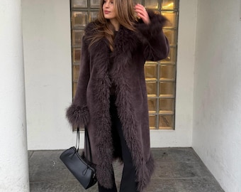 1970s Vintage Penny Lane Coat Afghan Mongolian Lama Fur Long Brown Maxi Coat Suede Leather Winter Coat