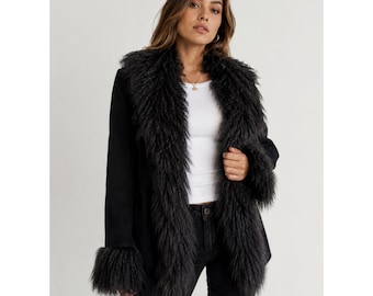 1970s Penny Lane Coat Shearling Suede Leather Coat, Mongolian Lamb Fur Coat, Bohemian 70s Afghan Winter Jacket