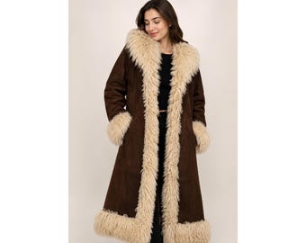 1970s Penny Lane Brown Long Coat Suede Leather Fur Coat Afghan Coat Shearling Fur Winter Coat