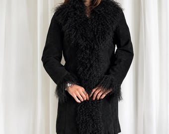 1970s Vintage Penny Lane Black Coat Afghan Coat Shearling Winter Afghan Coat Black Suede Leather Toscana Outwear Coat