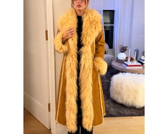 Vintage Penny Lane Coat Women Afghan Bohemian Coat Brown Suede Leather Coat Winter Fur Trim Coat