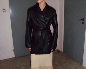 1970s Sheepskin Leather Coat Women, Belted Leather Blazer Jacket, Vintage Leather Coat, Minimalist Winter Jacket