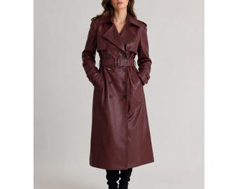 1970s Women Burgundy Leather Long Trench Coat Double Breasted Style Overcoat Winter Outwear Leather Coat