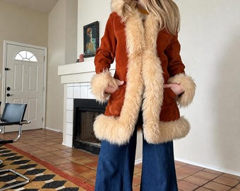 Women Penny Lane Coat | Suede & Cream Faux Fur Trim | 70s Afghan Coat | Hooded Coat | Real Shearling Lined Winter Jacket