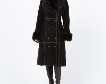 Penny Lane Black Long Coat Double Breasted Suede Fur Coat Women Vintage Style Fur Coat