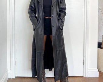 1970s Vintage Black Long Leather Coat 70s Style Women Trench Coat Overcoat Fallout Women leather Coat