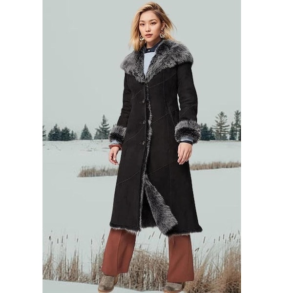 Women Vintage Penny Lane Coat Long Shearling Afghan Coat 70s Black Y2k Hoodie Bohemian Fur Coat