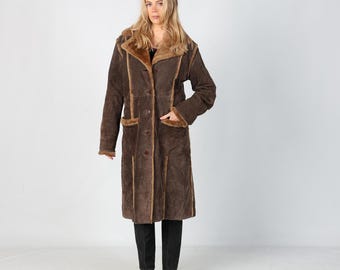 1970s Penny Lane Coat, Brown Suede Long Afghan Shearling, Bohemian Winter Outerwear Women