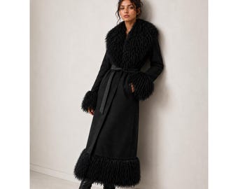 Vintage Black Penny Lane Coat Afghan Coat With Real Lamb Shearling Trim | 70s Boho Shearling Coat | Long Winter Belted Coat