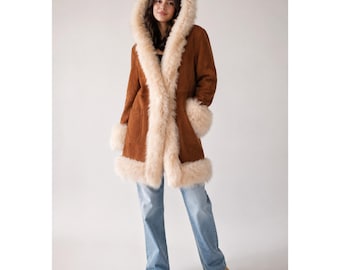 Women Brown Penny Lane Coat Vintage Afghan Coat, 70s Bohemian Suede Fur Coat, Y2K Winter Coat