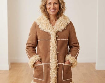 1970s Penny Lane Coat Women Suede Leather Shearling Coat Afghan Coat Y2K 70s Bohemian Toscana Fur Winter Jacket