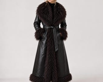 1970s Penny Lane Coat Genuine Sheepskin Leather Lamb Mongolian Fur Brown Long Coat Afghan Coat Winter Outwear Leather Coat