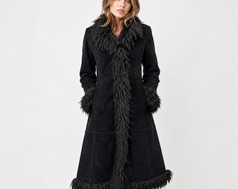 1970s Black Penny Lane Fur Coat Shearling Long Winter Bohemian Boho Coat | Afghan Coat | Suede Leather Women Coat