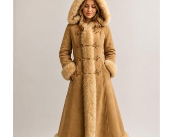 Penny Lane Coat Suede Leather Coat Brown Fur Hooded Long Coat, Bohemian Afghan Coat, Vintage Y2K Winter Coat