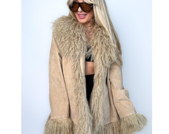 Vintage Shearling Suede Coat | Real Suede Leather Jacket | Genuine Shearling Trim Coat | Boho Penny Lane Winter Coat