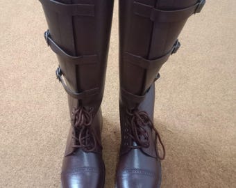 Men’s Brown Leather Knee High Boots – Handmade Lace-Up Riding Shose  Buckle Straps, Medieval Renaissance