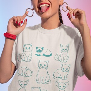 Cute Kittens Pattern Shirt, Cat Lover Gift, Line Art Cats T-Shirt, Cat Mom Birthday Tee, Minimal Cat Print, Gift for Cat Lady, Kitten Tee