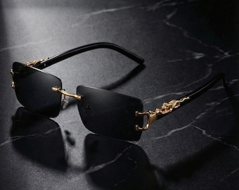 Occhiali da sole rettangolari senza montatura di lusso dorati - Occhiali da sole con montatura vintage in argento con drago - Occhiali da sole unisex hip hop