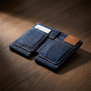 May include: A denim wallet with a brown leather patch. The wallet is open, revealing card slots and a white card. The stitching is a contrasting light brown color. The wallet is made of blue denim.