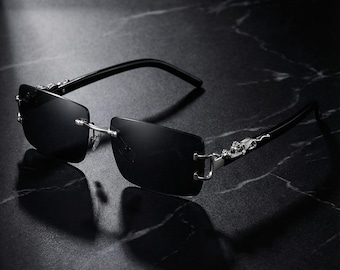Occhiali da sole rettangolari senza montatura di lusso - Occhiali da sole con montatura vintage in argento con drago - Occhiali da sole unisex Hip Hop