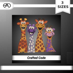 May include: Embroidered design of four smiling giraffes in orange, purple, and white. The giraffes have long necks and are decorated with spots. The text "Crafted Code" is at the bottom, and "3 Sizes" is at the top.