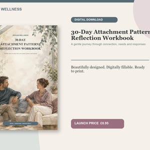 May include: A digital workbook titled 30-Day Attachment Patterns Reflection Workbook by Jeevan Wellness. The cover features a watercolor illustration of two people sitting on a sofa in a sunlit room with greenery. Text includes A gentle journey through connection, needs and responses.