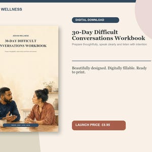 Può includere: Un quaderno di esercizi digitale 30-Day Difficult Conversations Workbook di Jeevan Wellness. La copertina presenta un'illustrazione di due persone sedute a un tavolo con delle tazze, con il testo: Prepare thoughtfully, speak clearly and listen with intention.