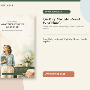 Könnte beinhalten: Ein digitaler Download mit dem Titel 30-Day Midlife Reset Workbook von Jeevan Wellness. Das Cover zeigt eine Person in einem hellblauen Hemd und beiger Hose, die ein Buch hält und in einem Raum mit grünem Schrank, Blumenvase und Stuhl steht.