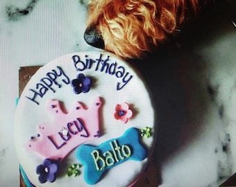 May include: A white dog birthday cake with pink frosting and a pink crown with the name "Lucy" on it. The cake also has a blue bone with the name "Balto" on it. The cake is decorated with purple and pink flowers.