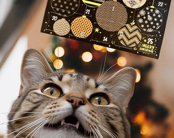 May include: A brown tabby cat looking upward at a black advent calendar featuring gold and white circular ornaments with various patterns and numbers from 1 to 25, with the text Merry Christmas printed near the bottom right corner of the calendar.