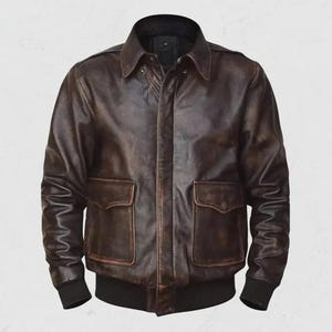 Handmade Vintage A2 Aviator Leather Jacket Mens Brown & Black Flight Bomber Pilot Air Force Genuine Leather Jacket