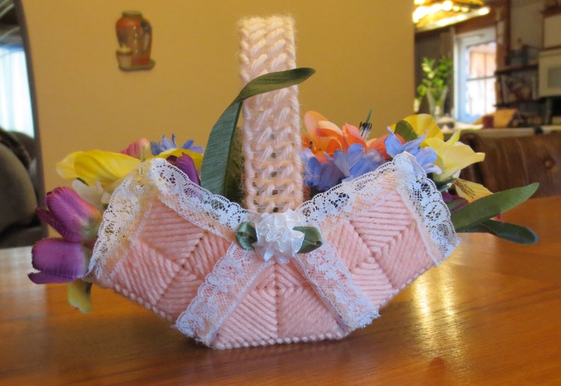 White and/or Peach Needlepoint Basket of Silk Summer Flowers  image 1
