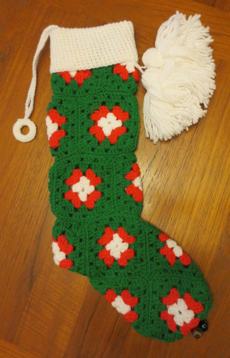 MARKED DOWN 20% CHRISTMAS Granny Squares Stocking with bells image 0