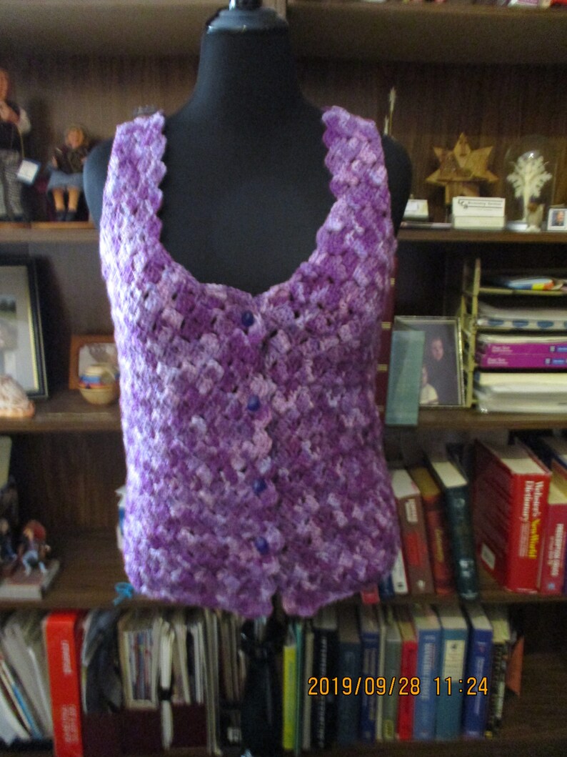 Spring Fall Diamond Pattern Crocheted Vest in Purple and image 0