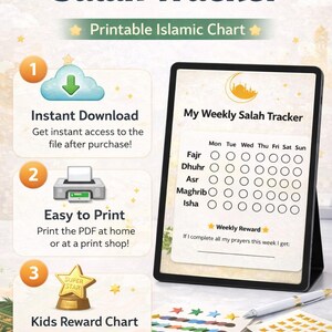 Utskrivbar vecka för barns böneschema | Islamisk böneschema för barn | Belöningstabell för muslimska barn | Ramadan böneschema PDF