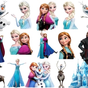 Puede incluir: Una colección de imágenes de dibujos animados con personajes de la película animada "Frozen". Las imágenes incluyen a Elsa, Anna, Olaf el muñeco de nieve, Kristoff y Sven el reno, junto con un castillo de hielo azul.