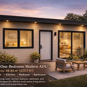 Puede incluir: Vista exterior de una ADU moderna y compacta de un dormitorio, con una superficie total de 48,84 m². Cuenta con salón, cocina, dormitorio y baño, además de un porche exterior.