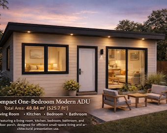 Modern Scandinavian ADU House Design | 1 Bedroom Small House | Interior & Exterior Renderings + Furnished Floor Plan