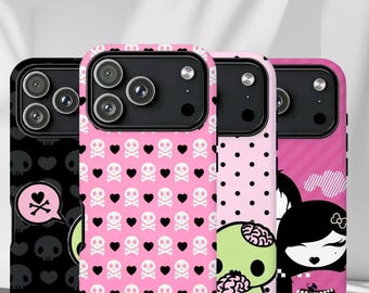 Y2k Kawaii Emo Zombie Skull Phone Case: Pink Black Polka Dot iPhone Samsung Protection