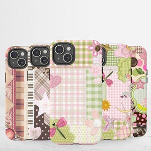 Cottagecore Patchwork Phone Case Pink Green Gingham Floral Protective Cover For  iPhone Samsung