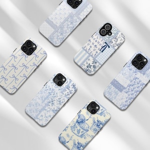 May include: Six smartphone cases arranged in a cluster, each featuring distinct light blue and white patterns. Designs include repeating bows, floral patchwork, gingham, and illustrations of cows in floral containers, all with black camera cutouts.
